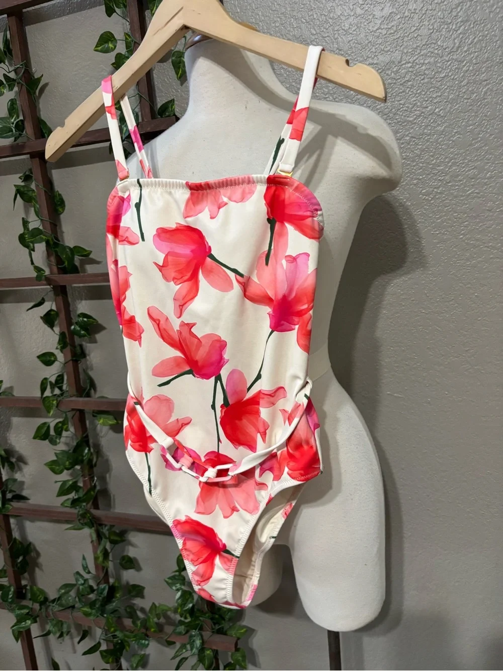 HUTCH Chain Belt One-Piece Swimsuit in  Ivory Red Floral